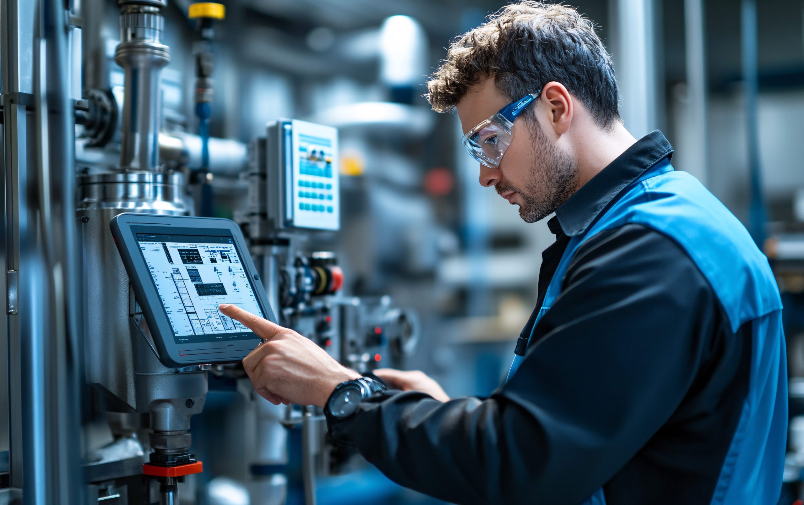 man checking systems in industrial building with tech